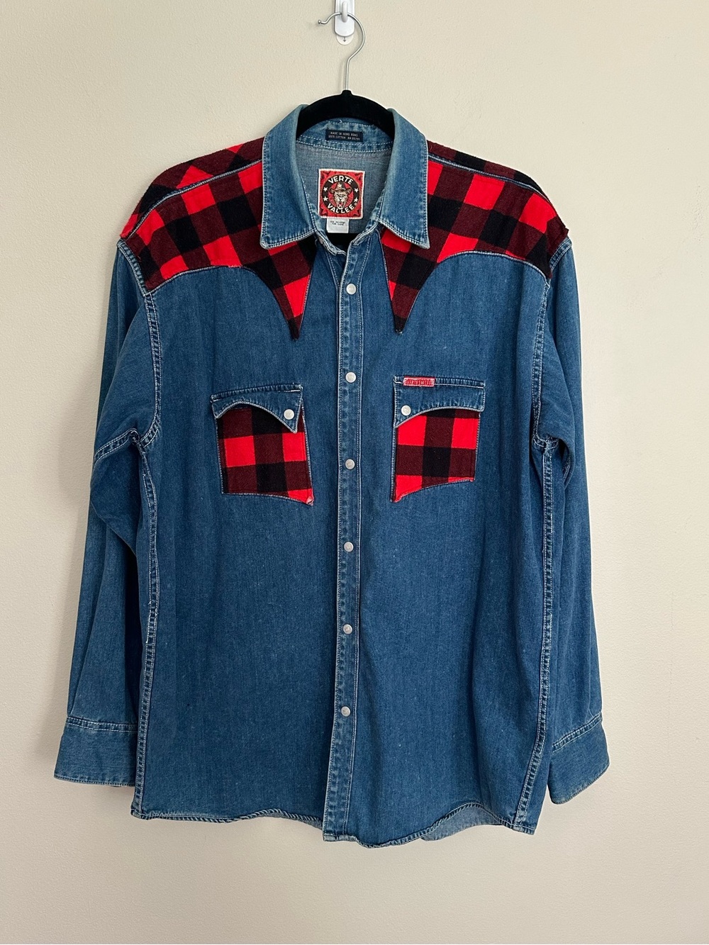 Vintage Verte Vallee Denim Buffalo Plaid Western Snap Shirt Large Cowboy Rodeo
